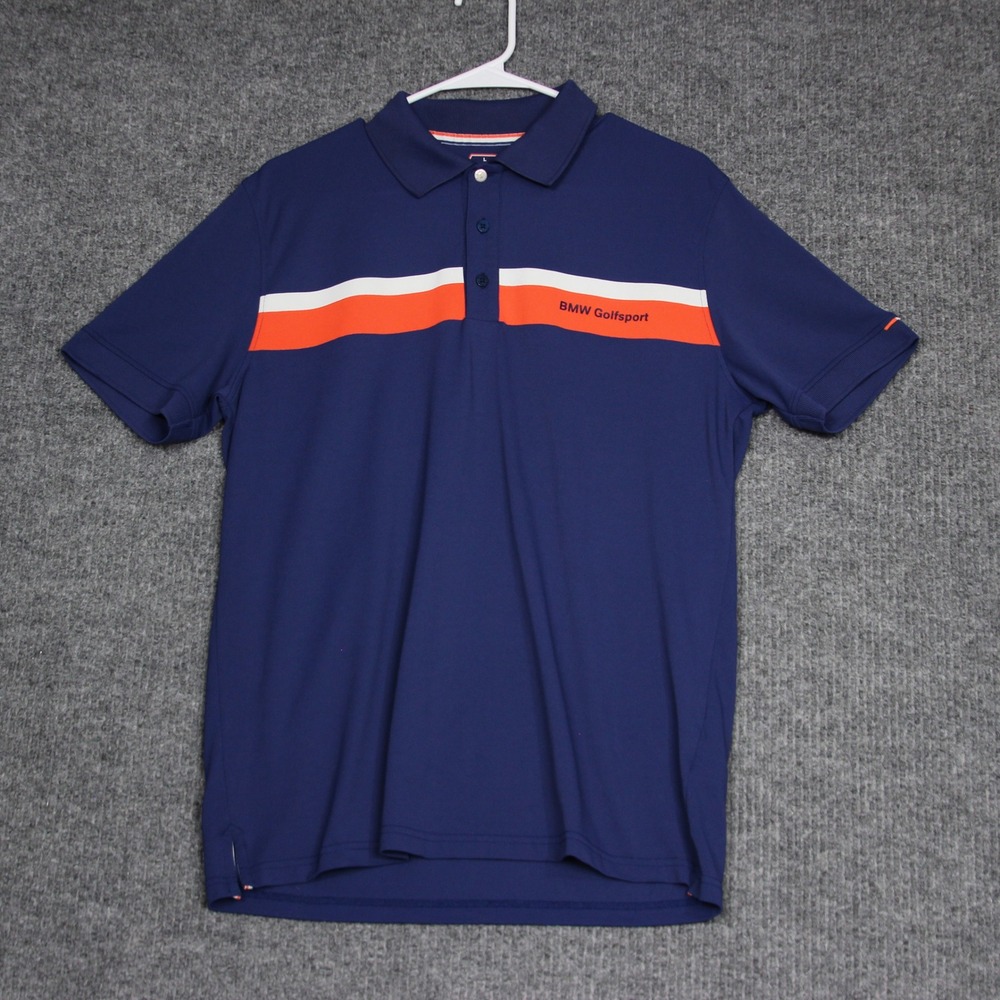 BMW Golfsport Polo Shirt Mens Size‎ L Large Orange Stripe Golf Automotive